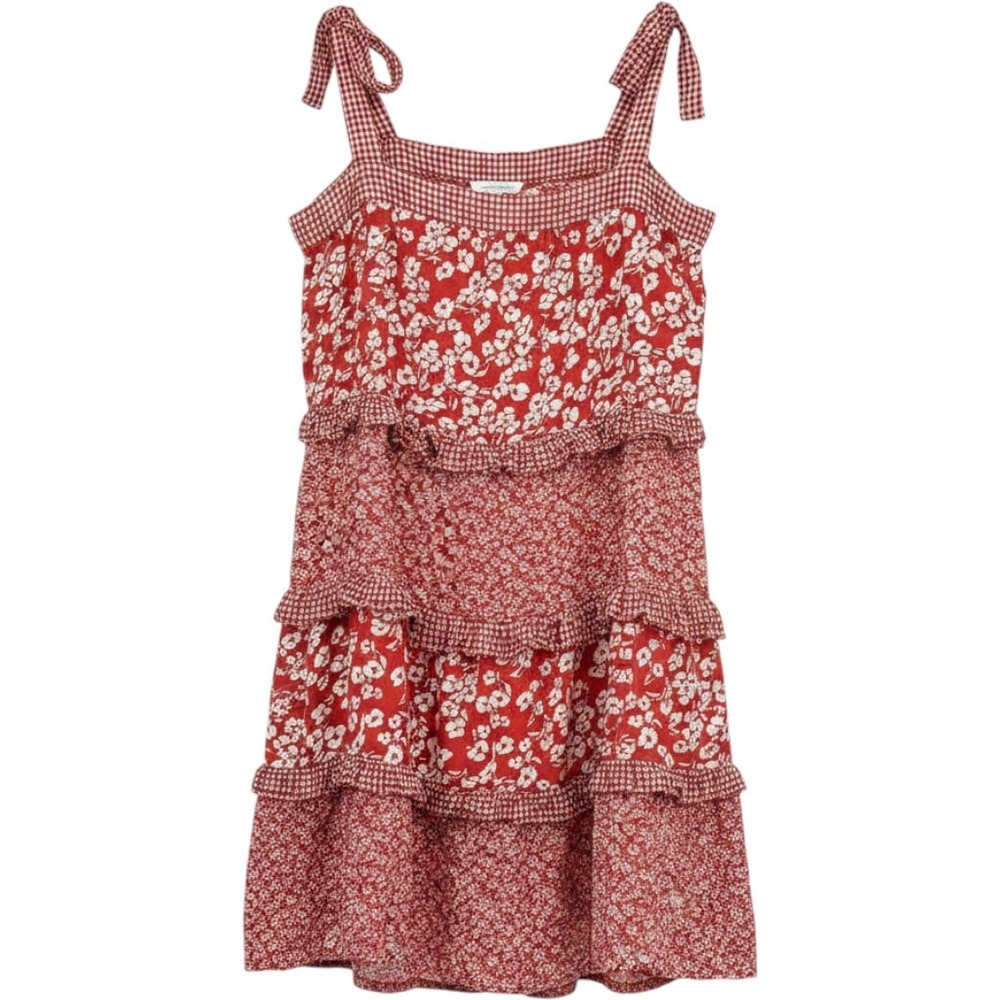 Cottage Patchwork Red Floral Gingham Tiered Mini Dress Large Festival Summer